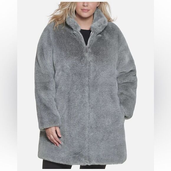 Calvin Klein Womens Size 2X Gray Soft Faux-Fur Mid-Length Anorak Coat Front Zip - Picture 1 of 16